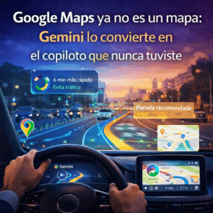 Ilustración de Google Maps integrado con Gemini mostrando navegación inteligente con sugerencias en tiempo real, representando el uso de inteligencia artificial como copiloto de conducción.