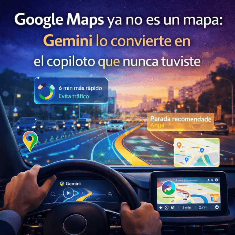 Ilustración de Google Maps integrado con Gemini mostrando navegación inteligente con sugerencias en tiempo real, representando el uso de inteligencia artificial como copiloto de conducción.