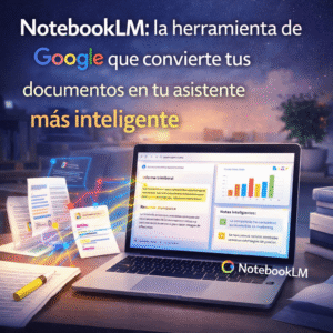 Ilustración de Google NotebookLM transformando documentos en resúmenes, gráficos e información inteligente, representando su función como asistente basado en contenido