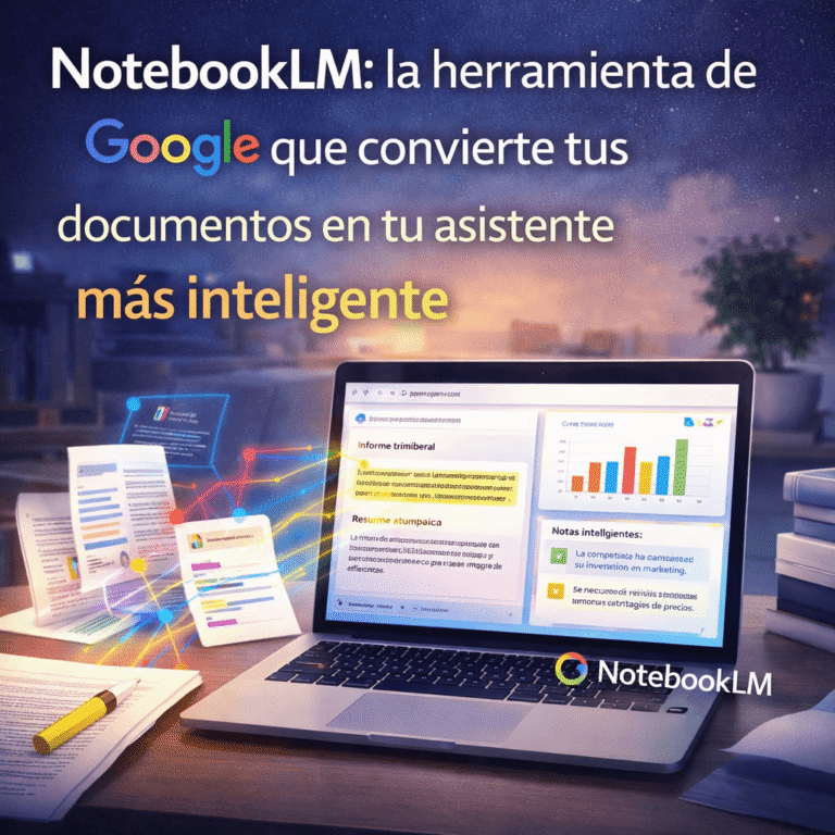 Ilustración de Google NotebookLM transformando documentos en resúmenes, gráficos e información inteligente, representando su función como asistente basado en contenido