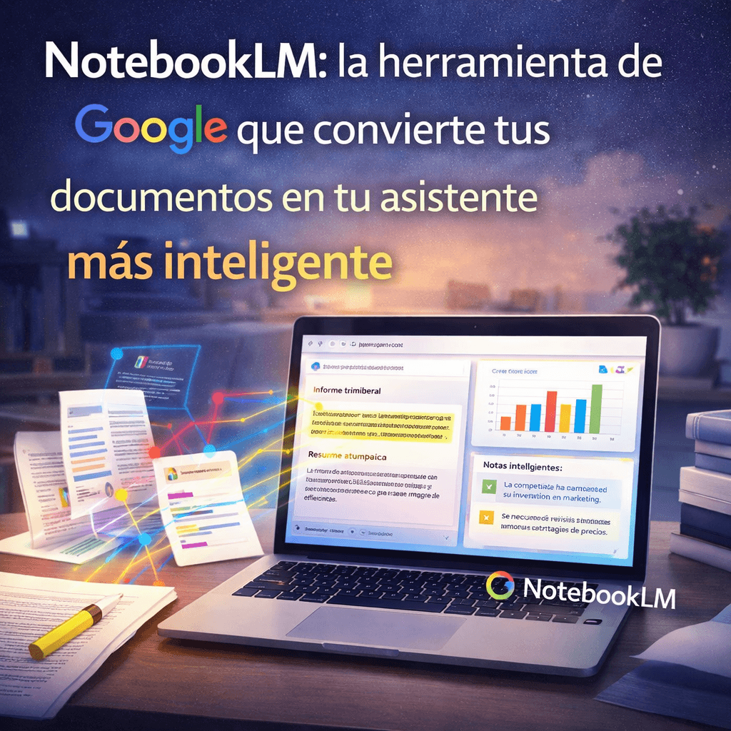 Ilustración de Google NotebookLM transformando documentos en resúmenes, gráficos e información inteligente, representando su función como asistente basado en contenido