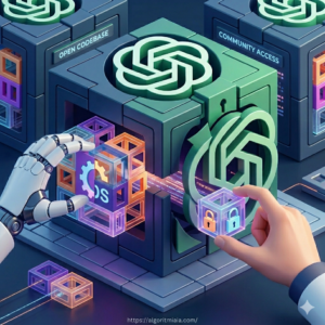 Primer plano vectorial semi-plano detallado de manos humanas y robóticas ensamblando componentes de código abierto con símbolos de engranajes abiertos y candados desbloqueados, conectándolos a un núcleo de IA. Resolución de 1024x1024, optimizada para peso ultraligero