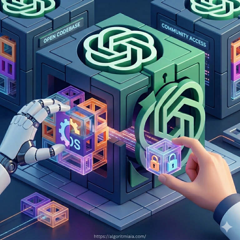 Primer plano vectorial semi-plano detallado de manos humanas y robóticas ensamblando componentes de código abierto con símbolos de engranajes abiertos y candados desbloqueados, conectándolos a un núcleo de IA. Resolución de 1024x1024, optimizada para peso ultraligero
