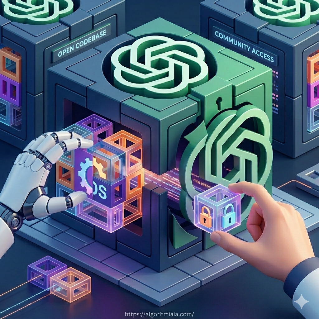 Primer plano vectorial semi-plano detallado de manos humanas y robóticas ensamblando componentes de código abierto con símbolos de engranajes abiertos y candados desbloqueados, conectándolos a un núcleo de IA. Resolución de 1024x1024, optimizada para peso ultraligero