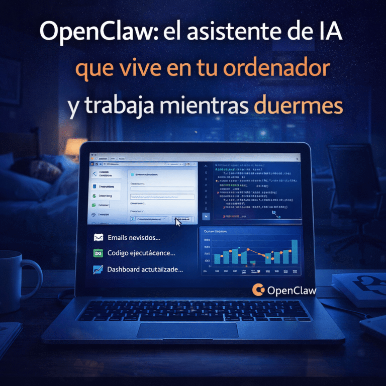 Ilustración de un ordenador trabajando automáticamente por la noche con tareas de inteligencia artificial ejecutándose mientras el usuario duerme, representando el asistente OpenClaw