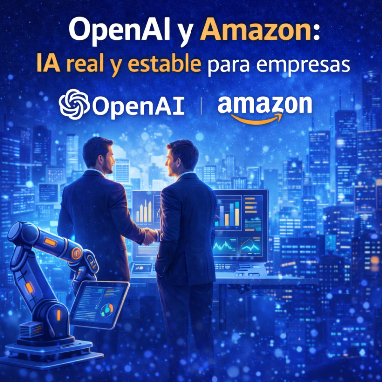 Ilustración sobre la colaboración entre OpenAI y Amazon para ofrecer soluciones de inteligencia artificial estables para empresas, con dos ejecutivos estrechando la mano frente a paneles de datos y una ciudad tecnológica de fondo
