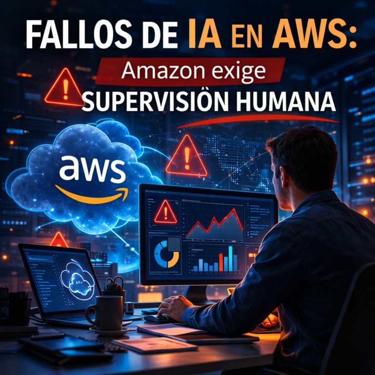 Ilustración sobre fallos de inteligencia artificial en AWS con paneles de monitorización y alertas de error mientras un operador humano revisa los sistemas, representando la exigencia de supervisión humana por parte de Amazon