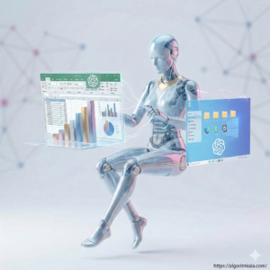 Ilustración 3D de un humanoide robótico de cristal interactuando con interfaces flotantes de Microsoft Excel y el escritorio de un ordenador, mostrando el logo de ChatGPT, simbolizando la IA GPT-5.4 ejecutando tareas automáticas.