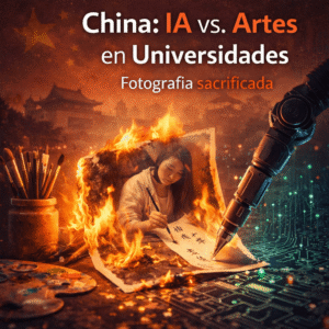 Ilustración sobre el conflicto entre inteligencia artificial y artes en universidades chinas, con una fotografía en llamas y elementos tecnológicos que simbolizan el impacto de la IA en disciplinas artísticas como la fotografía