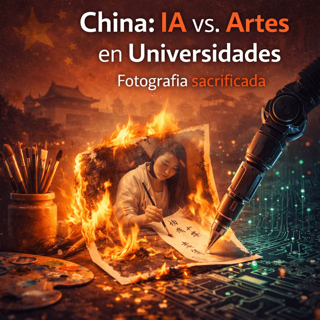 Ilustración sobre el conflicto entre inteligencia artificial y artes en universidades chinas, con una fotografía en llamas y elementos tecnológicos que simbolizan el impacto de la IA en disciplinas artísticas como la fotografía