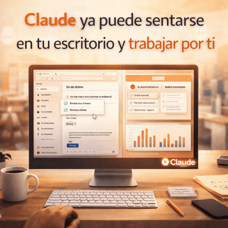 Claude realizando tareas de oficina automáticamente en un ordenador, mostrando cómo la inteligencia artificial puede trabajar como asistente en el escritorio.