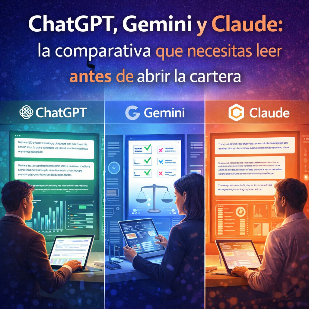 Comparativa entre ChatGPT, Gemini y Claude con paneles de cada inteligencia artificial y elementos de análisis, representando una guía para elegir antes de pagar por herramientas de IA