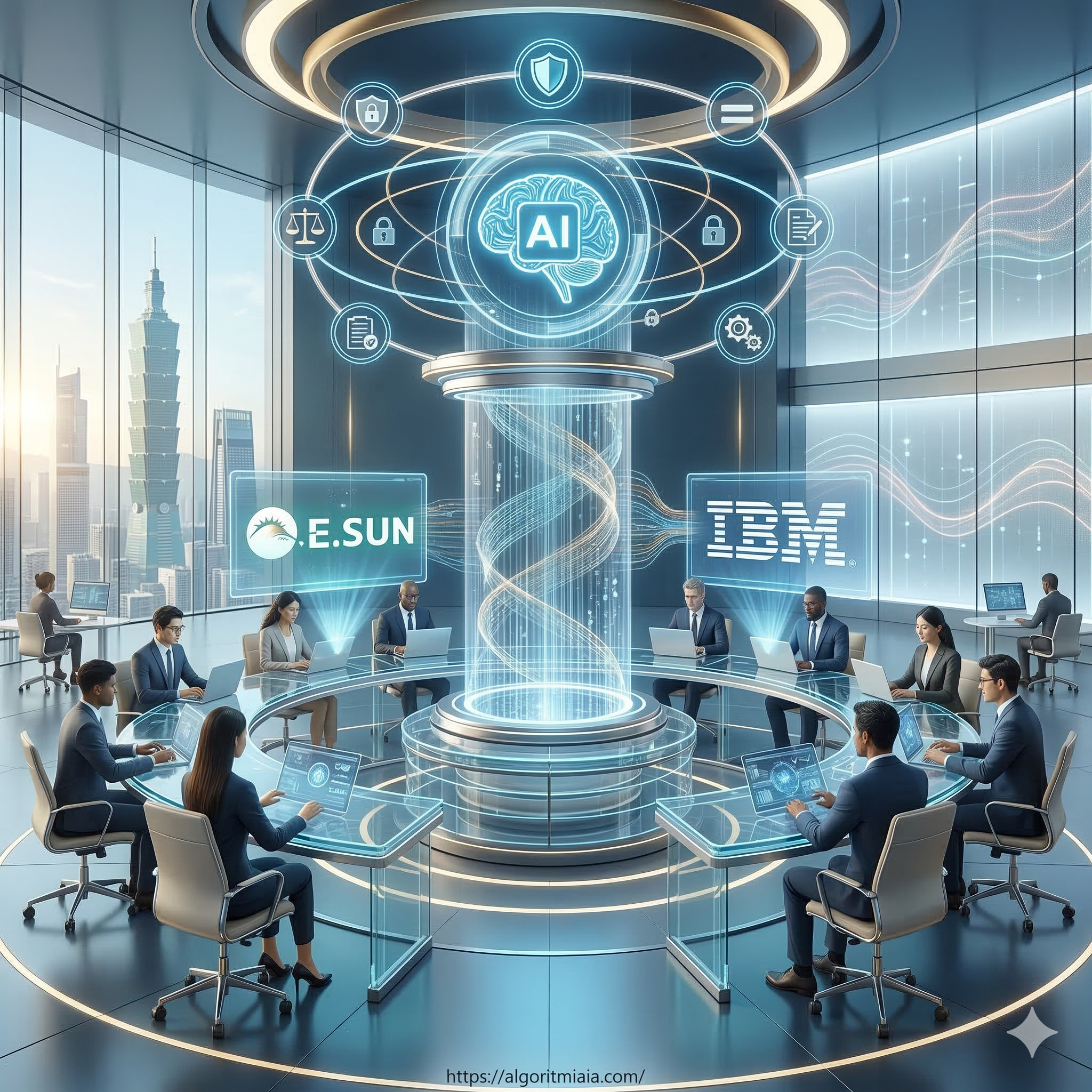 Ilustración conceptual de gobernanza de IA en el sector bancario, mostrando una colaboración tecnológica entre E.SUN e IBM para una banca justa y segura, con iconos de ética y seguridad digital sobre una mesa de operaciones moderna.