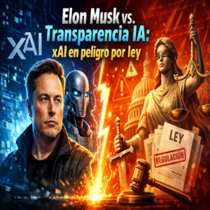 Ilustración de Elon Musk frente a la regulación de la inteligencia artificial con xAI en el centro del debate sobre transparencia y legislación tecnológica.