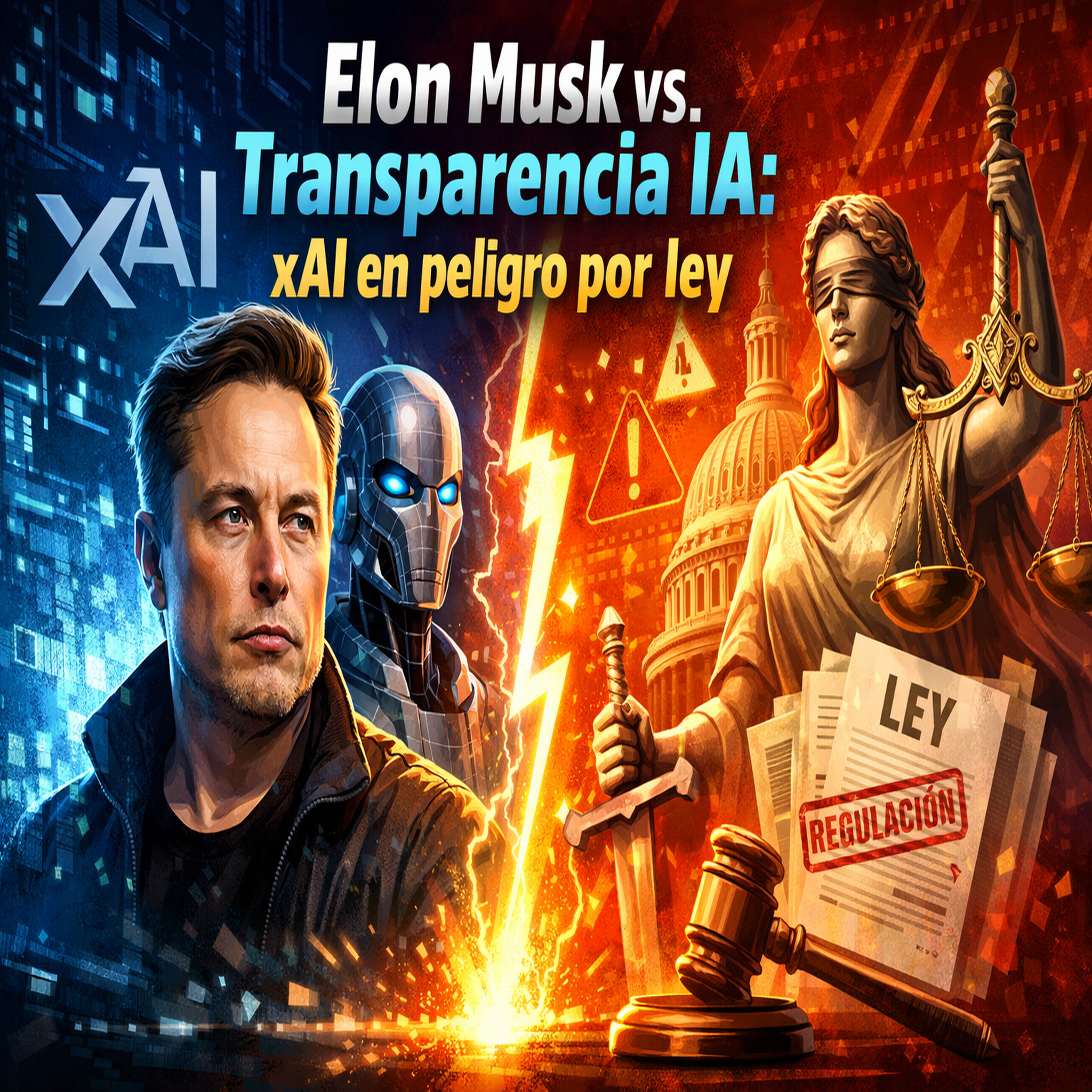 Ilustración de Elon Musk frente a la regulación de la inteligencia artificial con xAI en el centro del debate sobre transparencia y legislación tecnológica.