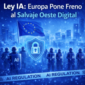 Ilustración sobre la regulación de la inteligencia artificial en Europa con la bandera de la Unión Europea, un escudo digital de seguridad y fuerzas de control simbolizando la nueva Ley de IA que busca frenar el descontrol tecnológico