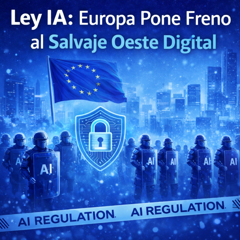 Ilustración sobre la regulación de la inteligencia artificial en Europa con la bandera de la Unión Europea, un escudo digital de seguridad y fuerzas de control simbolizando la nueva Ley de IA que busca frenar el descontrol tecnológico