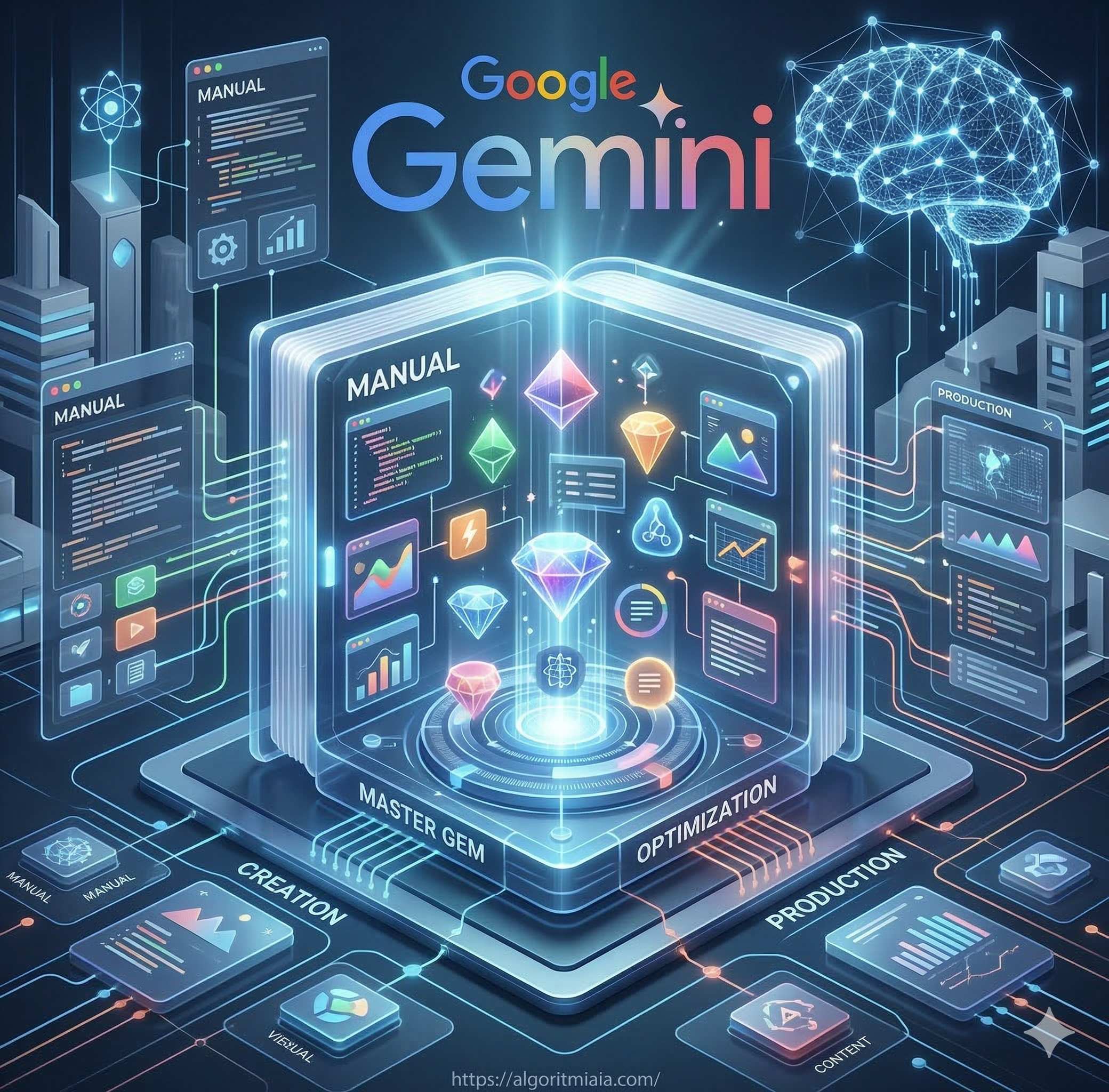 La imagen presenta un "Gem Maestro" central, diseñado como un manual interactivo y una estación de creación avanzada. Este Gem principal es la "fábrica" que el usuario aprenderá a construir.