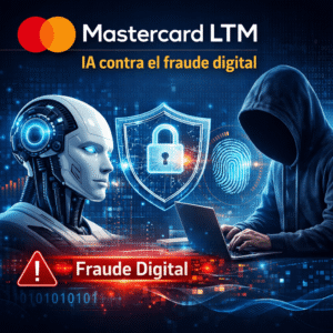 Imagen de portada sobre “Mastercard LTM”, mostrando el uso de inteligencia artificial para prevenir el fraude digital, con elementos de ciberseguridad como un escudo con candado, huella digital y un entorno tecnológico financiero.