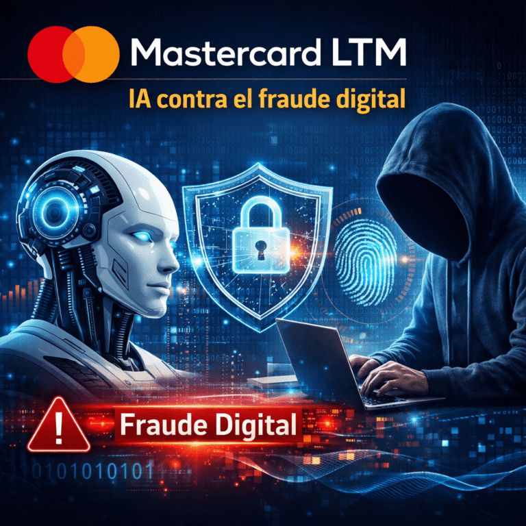 Imagen de portada sobre “Mastercard LTM”, mostrando el uso de inteligencia artificial para prevenir el fraude digital, con elementos de ciberseguridad como un escudo con candado, huella digital y un entorno tecnológico financiero.