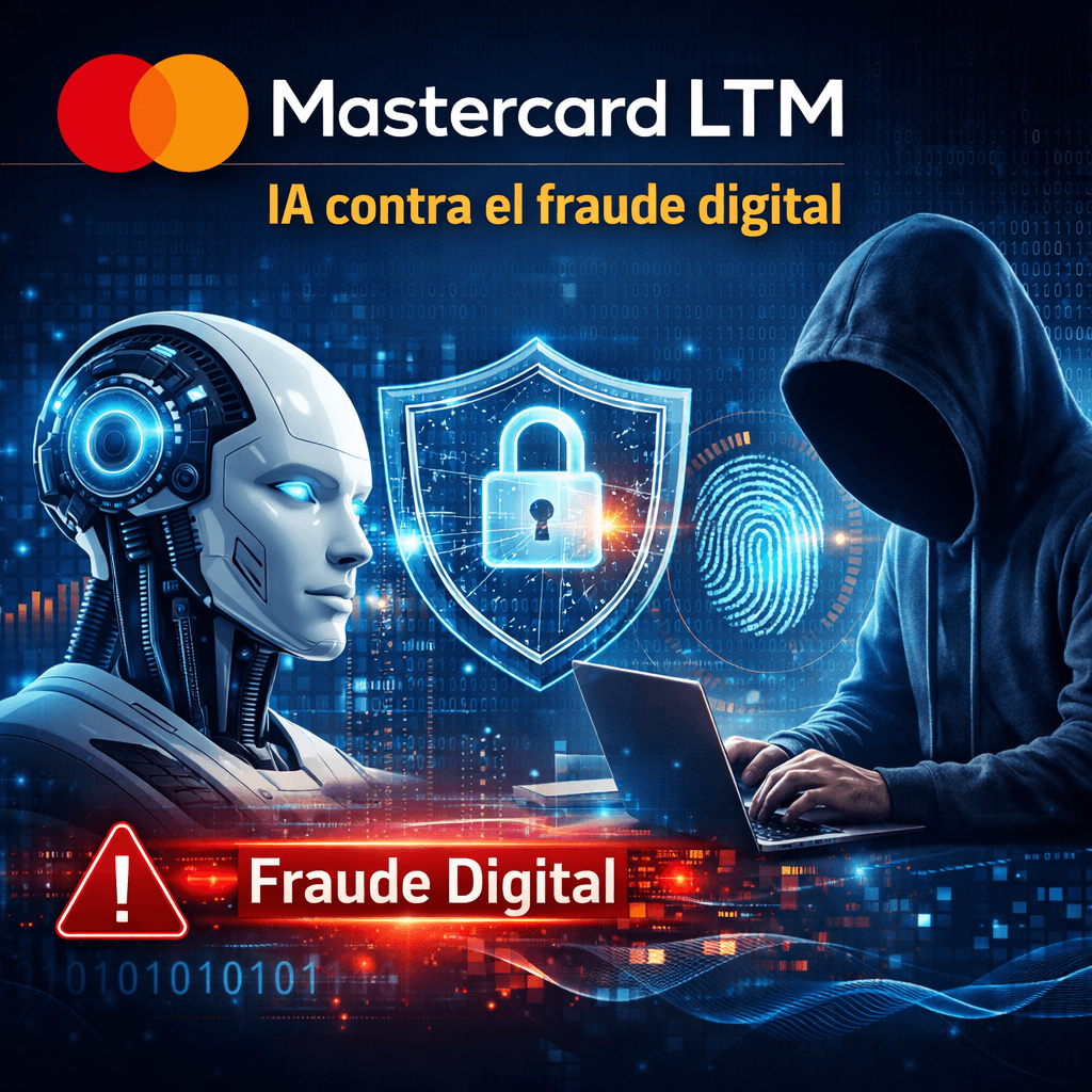 Imagen de portada sobre “Mastercard LTM”, mostrando el uso de inteligencia artificial para prevenir el fraude digital, con elementos de ciberseguridad como un escudo con candado, huella digital y un entorno tecnológico financiero.
