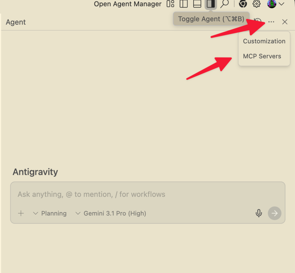  Captura de pantalla de la interfaz de Google Antigravity mostrando el menú desplegado "Manage MCP Server" y el botón "View Route Config" resaltado