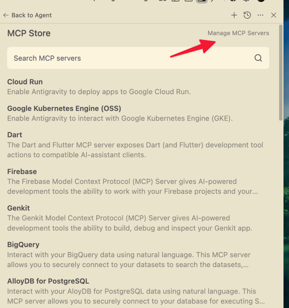  Captura de pantalla de la interfaz de Google Antigravity mostrando el menú desplegado "Manage MCP Server" y el botón "View Route Config" resaltado