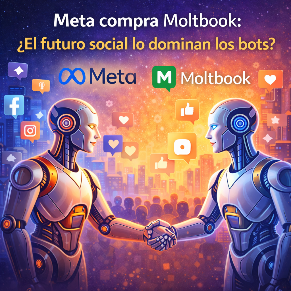 Ilustración sobre la compra de Moltbook por Meta con dos robots interactuando entre iconos de redes sociales, representando el debate sobre si los bots dominarán el futuro social