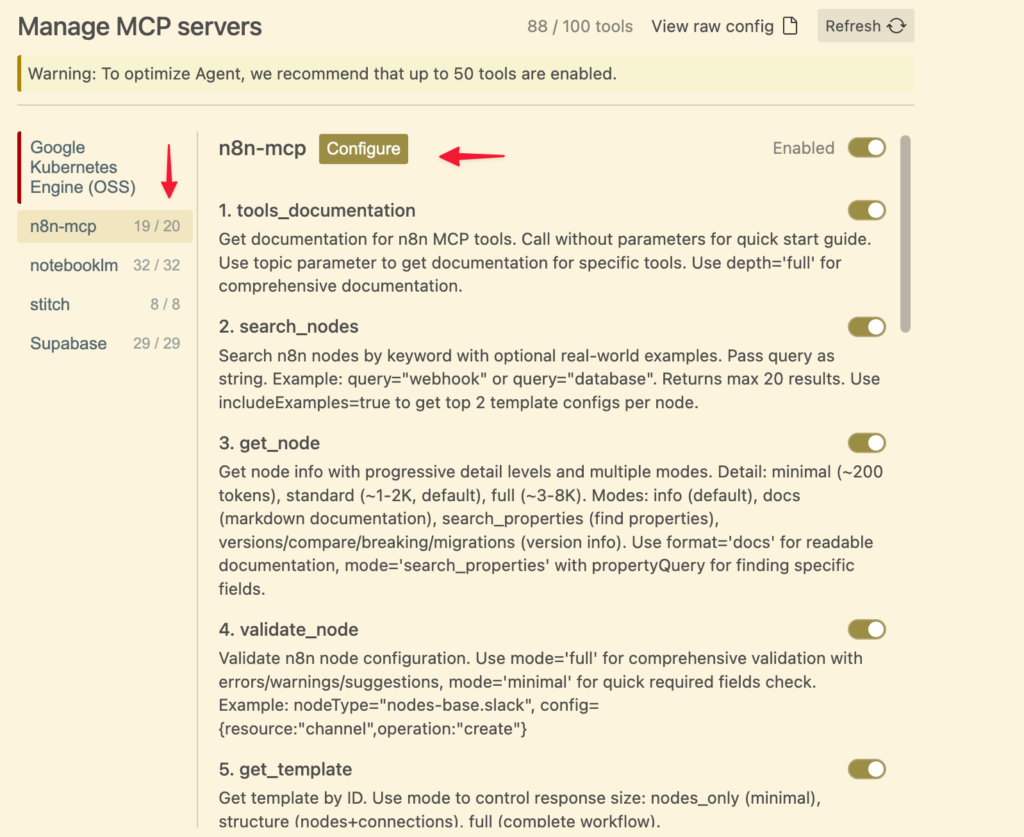 Captura de pantalla final de "Manage MCP Server" en Antigravity mostrando el MCP "n8n-mcp" conectado con un indicador en verde y el texto "20 tools/permissions" visible