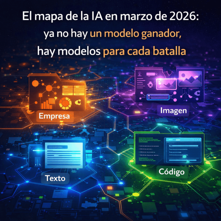 Mapa estratégico de la inteligencia artificial en 2026 con distintas áreas de especialización como texto, imagen, código y empresa, mostrando la competencia entre modelos de IA