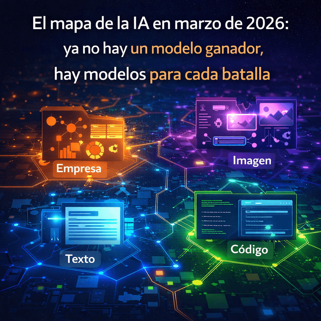 Mapa estratégico de la inteligencia artificial en 2026 con distintas áreas de especialización como texto, imagen, código y empresa, mostrando la competencia entre modelos de IA