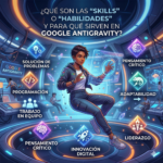 Imagen de portada de blog ilustrando las 'Skills' o 'Habilidades' en el contexto de Google Antigravity. Se muestra a una persona interactuando con una interfaz digital que desafía la gravedad, donde diferentes habilidades se representan como iconos flotantes. El diseño refleja el concepto de potenciar capacidades humanas a través de la tecnología en un entorno sin gravedad.