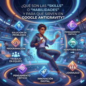 Imagen de portada de blog ilustrando las 'Skills' o 'Habilidades' en el contexto de Google Antigravity. Se muestra a una persona interactuando con una interfaz digital que desafía la gravedad, donde diferentes habilidades se representan como iconos flotantes. El diseño refleja el concepto de potenciar capacidades humanas a través de la tecnología en un entorno sin gravedad.