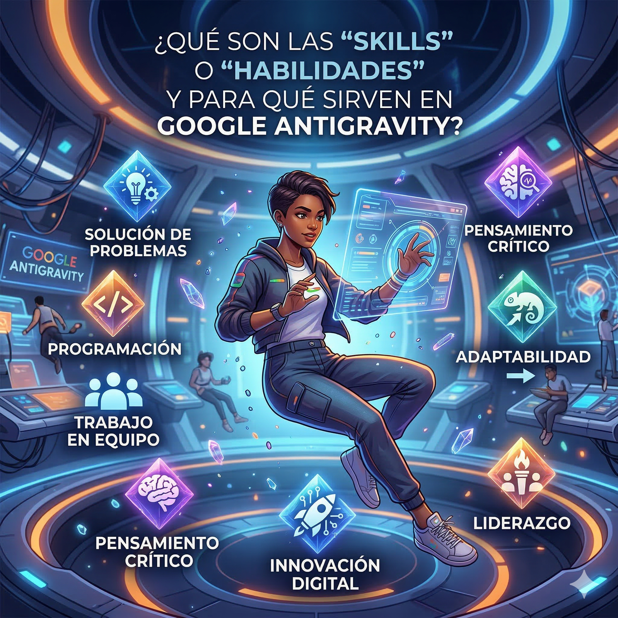 Imagen de portada de blog ilustrando las 'Skills' o 'Habilidades' en el contexto de Google Antigravity. Se muestra a una persona interactuando con una interfaz digital que desafía la gravedad, donde diferentes habilidades se representan como iconos flotantes. El diseño refleja el concepto de potenciar capacidades humanas a través de la tecnología en un entorno sin gravedad.