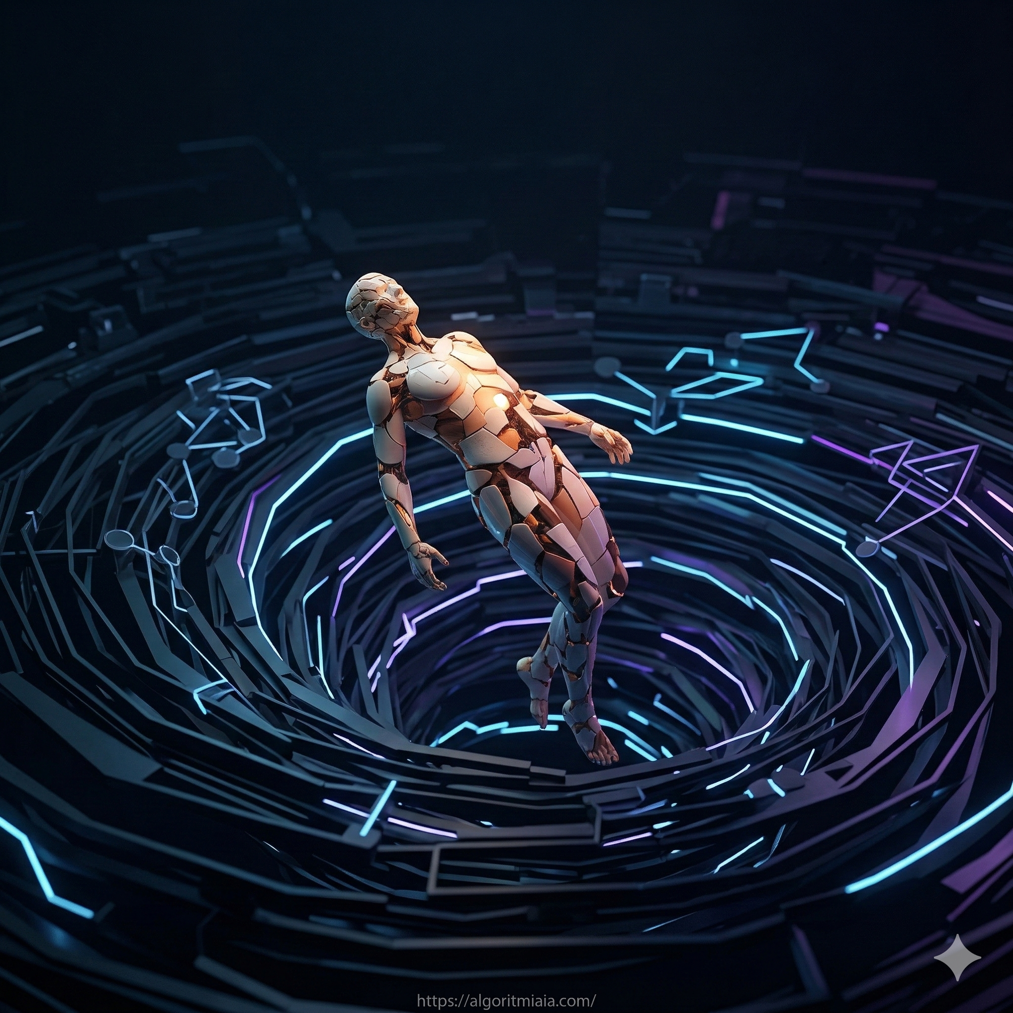 Ilustración 3D de una figura humana fragmentada que es arrastrada hacia un vórtice de datos azul oscuro y morado, simbolizando la manipulación psicológica por una IA
