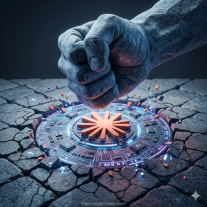 Imagen conceptual destacada de un puño de piedra masivo y rugoso, que representa el veto de EE. UU., suspendido justo encima de un núcleo de datos de IA central. En el centro del núcleo de IA, el logo orgánico y ramificado de Claude de color terracota está grabado y emitiendo un brillo cálido. La superficie de la IA circundante y los cimientos de piedra están profundamente agrietados. En la parte inferior, el nombre del blog 'https://madoberia.com/'.