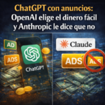 Comparativa visual entre ChatGPT con anuncios y Claude sin publicidad, representando dos modelos de negocio en la inteligencia artificial