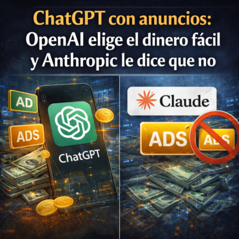 Comparativa visual entre ChatGPT con anuncios y Claude sin publicidad, representando dos modelos de negocio en la inteligencia artificial