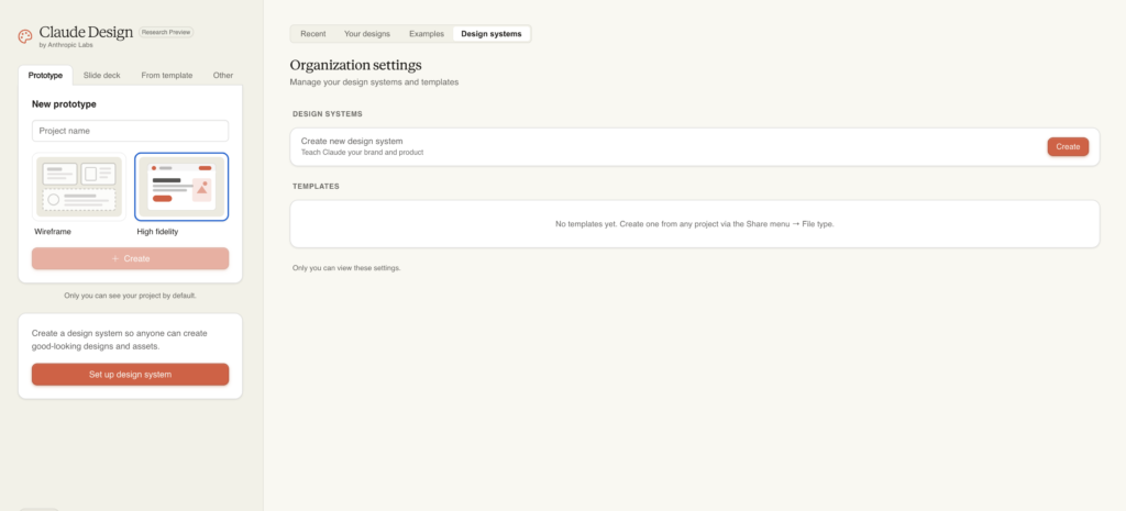 Captura de pantalla de la interfaz inicial de Claude Design dividida en dos: el chat a la izquierda y el lienzo (canvas) a la derecha]