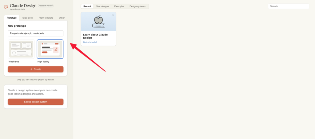Captura del panel de creación de proyecto mostrando las opciones "Prototype", "Slide deck" y los modos "Wireframe" y "High fidelity"