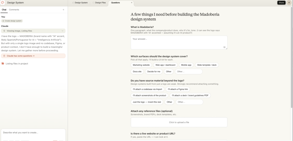 Captura de pantalla subiendo el logotipo y capturas de web al panel de "Design System" para que la IA extraiga los colores