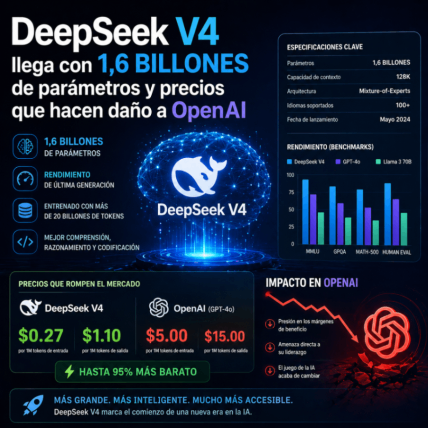 lustración tecnológica de un modelo de inteligencia artificial avanzado, representando DeepSeek V4 con una interfaz futurista, métricas de rendimiento y gráficos de capacidad, destacando su enorme escala (1,6 billones de parámetros) y su impacto competitivo frente a OpenAI.