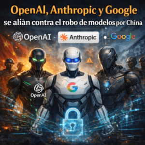 lustración de OpenAI, Anthropic y Google unidos para proteger sus modelos de inteligencia artificial frente a amenazas de robo tecnológico.