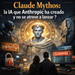 Ilustración de IA Claude Mythos rodeada de símbolos tecnológicos y secretos, con estética futurista y mensaje de acceso restringido