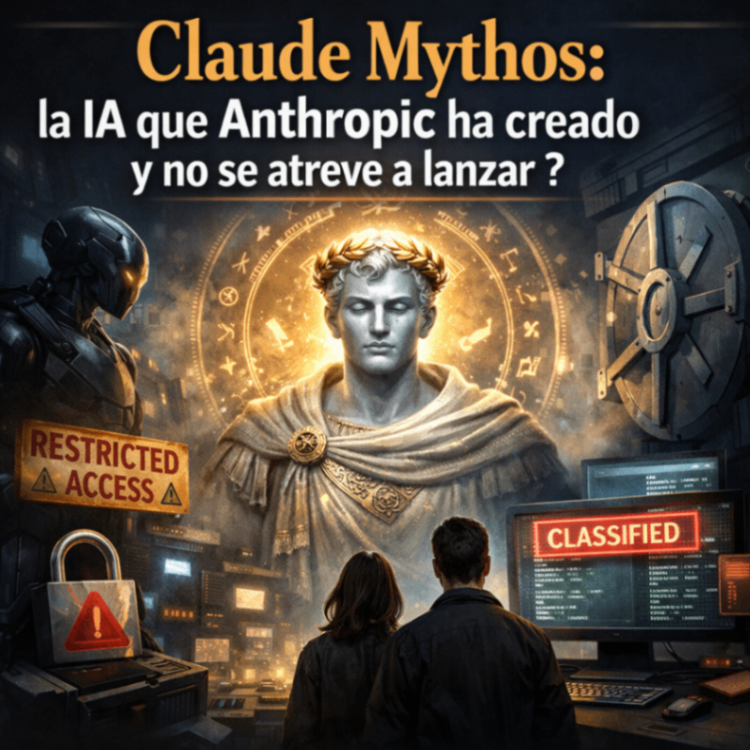 Ilustración de IA Claude Mythos rodeada de símbolos tecnológicos y secretos, con estética futurista y mensaje de acceso restringido
