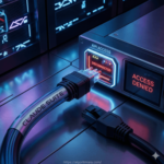 otografía técnica de primer plano de un cable de fibra óptica labeled 'CLAUDE SUITE' desconectado de un puerto de API parpadeante en rojo labeled 'DISCONNECTED', ambientado en un centro de datos oscuro. Incluye la URL del blog.