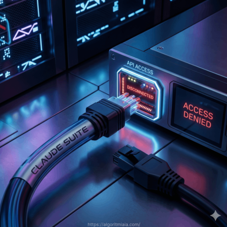 otografía técnica de primer plano de un cable de fibra óptica labeled 'CLAUDE SUITE' desconectado de un puerto de API parpadeante en rojo labeled 'DISCONNECTED', ambientado en un centro de datos oscuro. Incluye la URL del blog.