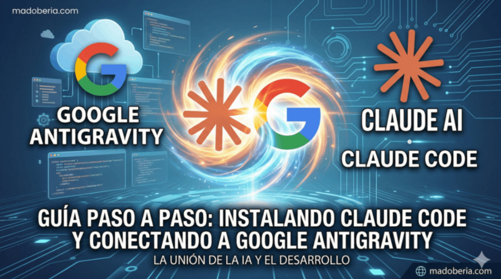 Una infografía que muestra los logos de Google Antigravity y Claude AI fusionándose