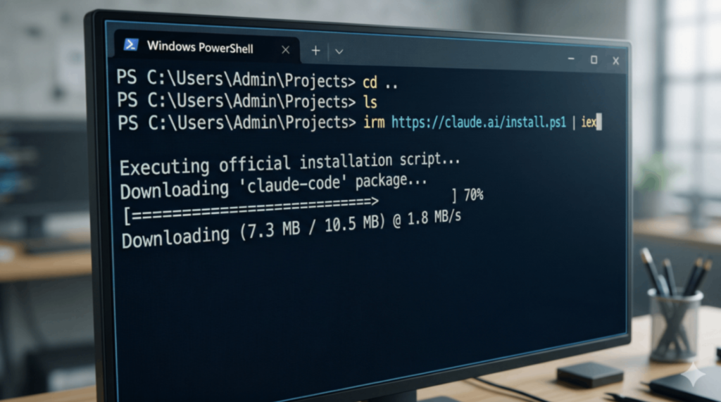 Captura de pantalla de una terminal ejecutando el comando de instalación mostrando la barra de progreso