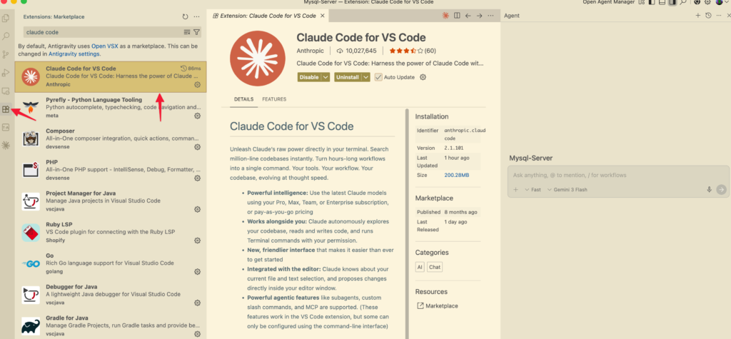 Captura de pantalla del panel de extensiones de Antigravity con "Claude Code" resaltado y el botón de instalación